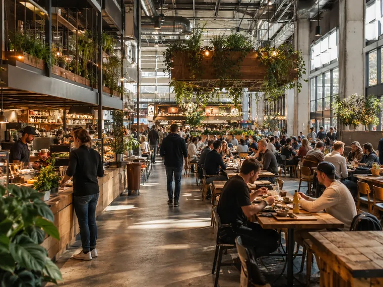 Moderne Foodhall / Hotelrestaurant mit gemeinschaftlichen Tischen
