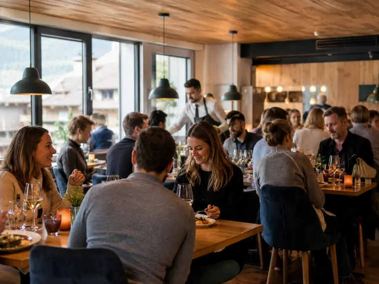 Volles, lebendiges Restaurant mit Gästen an Holztischen