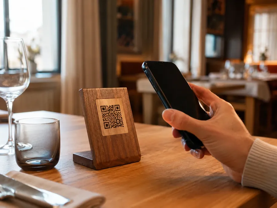Holz-Aufsteller mit QR-Code auf dem Tisch, Gast scannt mit dem Smartphone