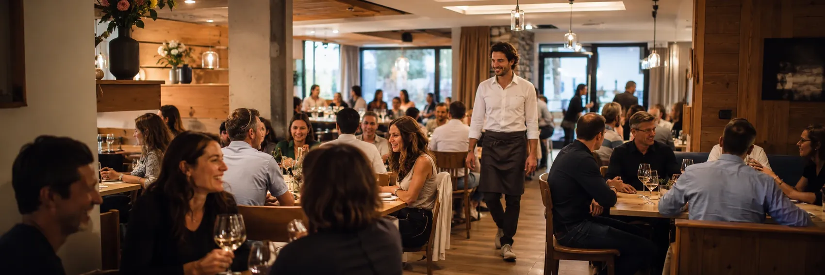 Gut besuchtes Restaurant mit entspannter Service-Szene und zufriedenen Gästen